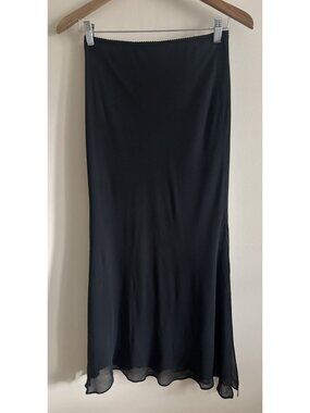 Y2k Express Black Chiffon Silk Full  Skirt Lined Lettuce Hem Slit Medium